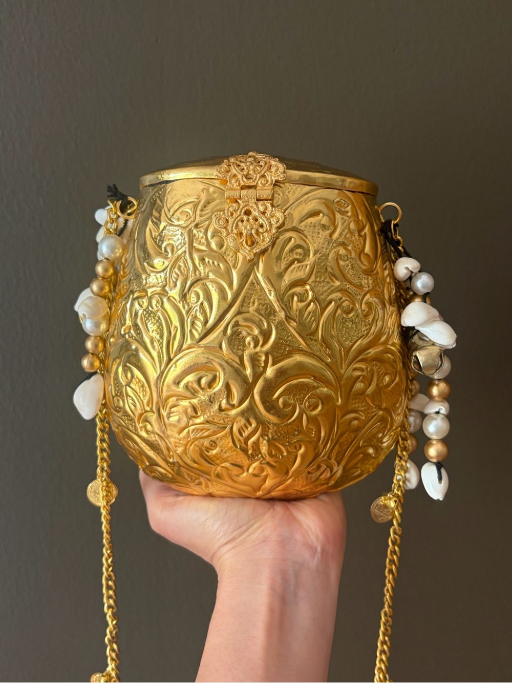 Ornate Gold Embossed Evening Bag with Shell Bead Accents